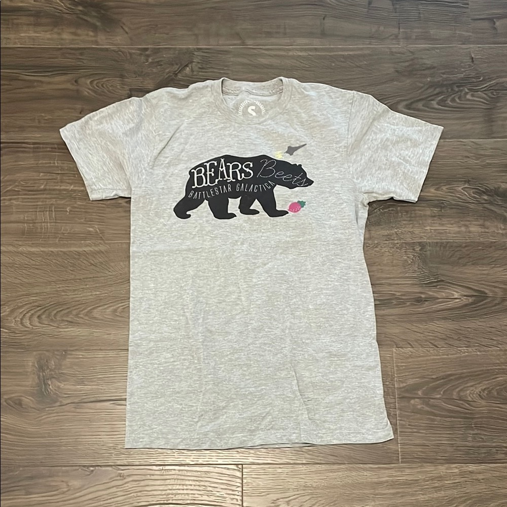 Women’s Gray T-Shirt with Bears, Beets, Battlestar Galactica Graphic, Size Small